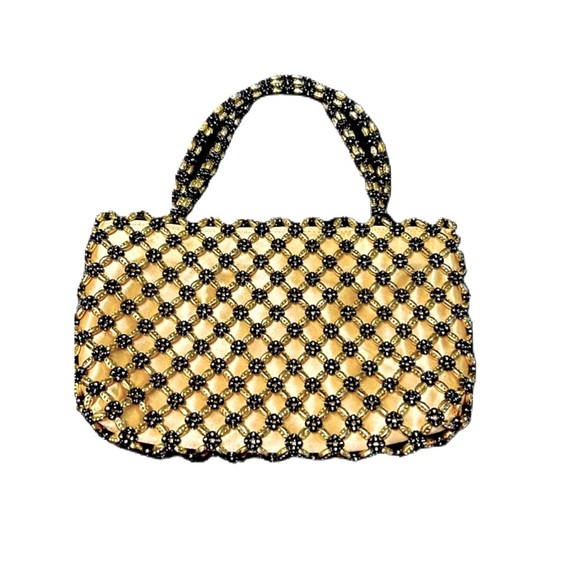 BIJOUX TURNER GOLD & BLACK BEADED MINI FAUX SATIN MINI BAG PURSE - Picture 1 of 8